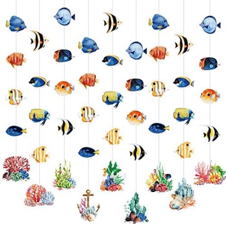 45 Pcs Tropical Hanging Fish Decorations Under The Sea Party Banners Ocean Themed Party Supplies Fish Ceiling Hanging Swirl Hawaiian Luau Decor Tropical Paper Cutouts for Birthday Favor