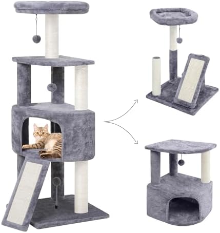 45in Cat Tree Tower with Big Condo for Indoor Kitten,Cat Tower with Scratching Post,Scratching Board and Cat Toys,Multi-Level,Small Space,Transformer Cat Tree, Grey(New)