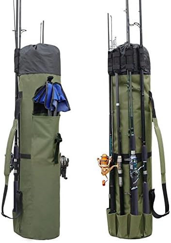 Allnice Durable Canvas Fishing Rod & Reel Organizer Bag Travel Carry Case Bag- Holds 5 Poles & Tackle
