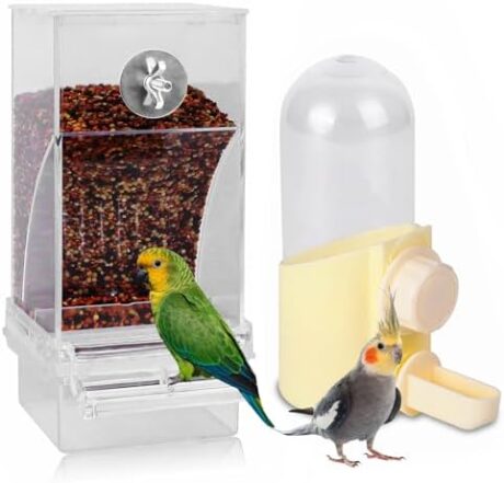 Automatic No Mess Bird Feeder & Water Dispenser for Cage, Parakeet Cage Accessories, Bird Water Feeder for Parrots Cockatiels Budgies Finches Canaries