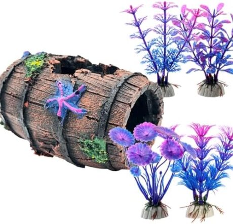 Bazayona Faeshoo Fish Tank Decoration Betta Fish Tank Decorations Accessories for Aquarium Tank, Starfish Barrel x 1pc, Aquatic Plants x 4pcs
