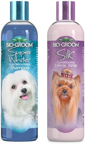 Bio-Groom Dog Shampoo and Conditioner Set - Whitening Shampoo for Dogs, Moisturizing Conditioner for Dry, Itchy, Sensitive Skin - Silk Creme Rinse & Brightening Shampoo, 12 Fl Oz Each (1 Set)