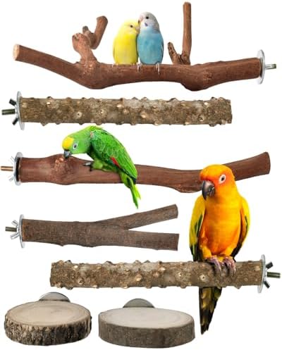 Bissap Bird Perch Stand 7PCS, Natural Grape Wood Pole Standing Parrot Cage Branch Paw Grinding Fork Parakeet Platform Hammock for Conures Budgies Finches Cockatiels Small Birds Exercise Training