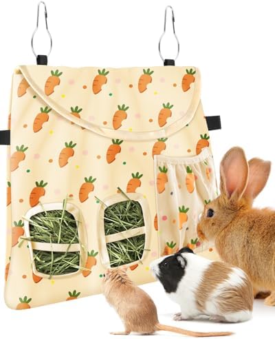 Bissap Rabbit Hay Feeder Bag, 2 Holes Hanging Hay Feeder Guinea Pig Hay Bag with Side Pocket for Rabbits Bunny Chinchillas Hamsters Rats and Other Small Pets Small Animal - Beige