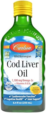 Carlson - Cod Liver Oil, 1100 mg Omega-3s, Liquid Fish Oil Supplement, Wild-Caught Norwegian Arctic, Sustainably Sourced Nordic Liquid, Lemon, 250 ml