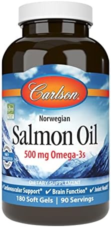 Carlson Salmon Oil, 500mg Omega-3s, Norwegian Wild-Caught Fish Oil, Sustainably Sourced, 180 Softgels