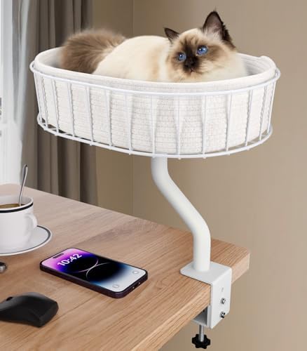 Cat Desk Bed - Sturdy Cat Bed for Desk Support 45lbs,Indoor Desktop Cats Beds for Tables Game Office Desks Attachment,17"x13" Removable Cotton Cats Nest,Heavy-Duty Metal Frame and Clamp (White)