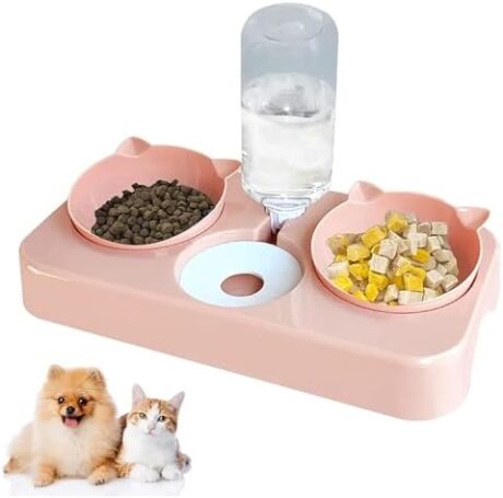 Cat Food and Water Bowls Set, 3 in 1 Tilted Pet Feeding Bowls for Cats and Small Dogs, Cat Raised Bowls Dry and Wet Food Separation (Pink)
