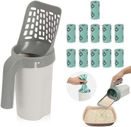 Cat Litter Scooper with Holder, Removable Cat Litter Shovel with Waste Can and Refill Scented 165 Bags, Large Capacity Trash Container Portable Litter Shovel, Cat Litter Sifter Scoop System with Bags