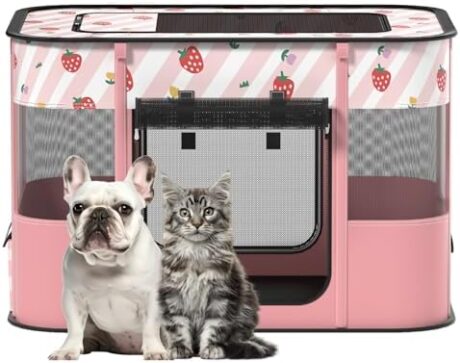 Dog and CAT pop Play Pen,Pets Houses for Dogs and Cats,Indoor&Outdoor Exercise Pen Dog Tent Puppy Playground Large (L, Pink)