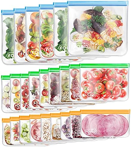 FORID 24 Pack Reusable Food Storage Bags, Silicone Gallon Freezer Bags, Sandwich Snack Resealable Lunch Bags, Extra Thick Leakproof for Marinate Food, Fruit Cereal Travel Items Home Kitchen
