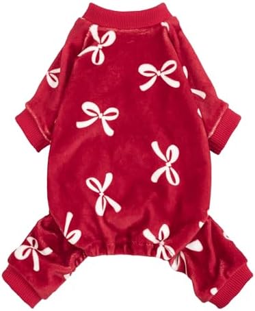 Fitwarm Bowknot Dog Pajamas, Warm Clothes for Small Dogs Girl, Fleece Pet Onesie with Feet, Burgundy Red, White, XS