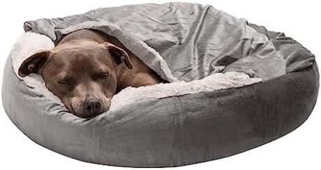 Furhaven 27" Round Calming Donut Dog Bed for Medium/Small Dogs, Washable, For Dogs Up to 45 lbs - Plush Velvet Waves Hooded Donut Bed - Dark Gray, Medium