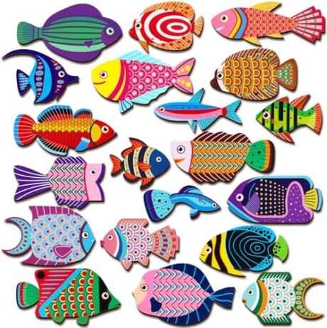 Geelin 20 Pcs Wooden Fish Wall Decor Hanging School of Fish Beach Decoration Coastal Ocean Nautical Theme Art Gifts for Home, Bathroom, Outdoor Lake House, Nursery(Tropical Style)