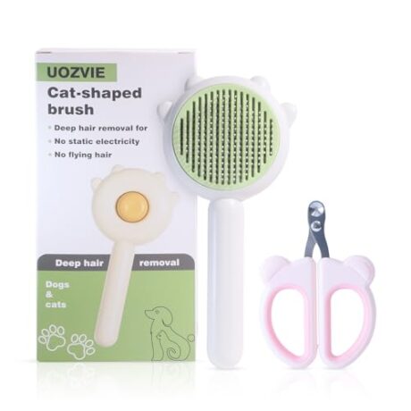 Grooming Brush For Cat Hair Cleaning - 2-Pack Pet Grooming Brush with Release Button and Professional Cat Nail Clipper - Green