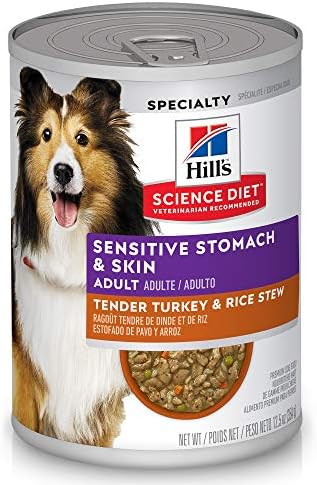 Hill's Science Diet Sensitive Stomach & Skin, Adult 1-6, Stomach & Skin Sensitivity support, Wet Dog Food, Turkey & Rice Stew, 12.5 oz Can, Case of 12