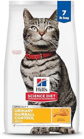 Hill's Science Diet Urinary Hairball Control, Adult 1-6, Urinary Track Health & Hairball Control Support, Dry Cat Food, Chicken Recipe, 7 lb Bag