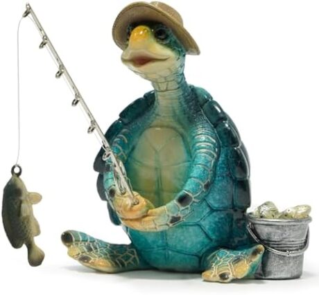 Hodao Sea Turtle Fishing Figurines Decoration Summer Turtle Crafts for Home Office Desk Decor Statue for Tabletop Shelf Decoration Ornament Gifts Decor for Beach Place (Blue)