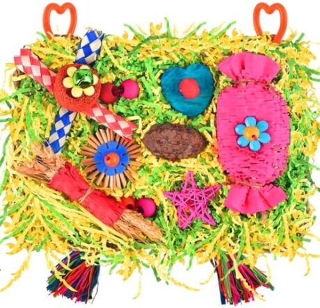 KATUMO Bird Toys - Large-Sized Grass Mat with Colorful Parrot Foraging Shredder Hanging Toys for Conure and Other Birds