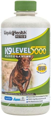 LIQUIDHEALTH Pets K9 Liquid Glucosamine Level 5000 for Large Dogs with Chondroitin, MSM, Boswellia Serrata - Dog Hip & Joint Health Vitamins for Dog Joint Pain, Pet Joint Oil Juice - USA Made (32 oz)