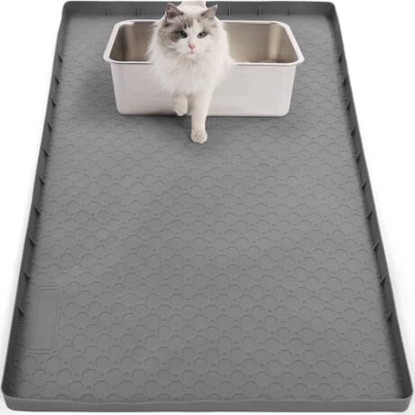 Litter Box Mat, Cat Litter Mat- 34"X22" Cat Mat for Litter Box, Non-Slip Cats Scratch Pad,Less-Mess Waterproof & Foldable Litter Pad (1 Pack- Grey)