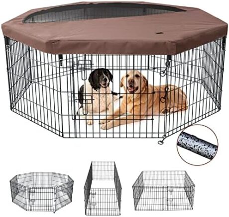 NEZUC Foldable Metal Dog Exercise Playpen Gate Fence Dog Crate 8 Panels 24 Inch Height Puppy Kennels with Top Cover/Bottom Pad for Animals Outdoor Indoor (Playpen+Top Cover, Brown, 24" H)