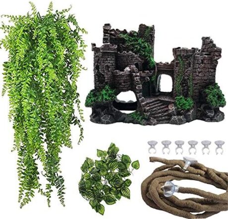 PINVNBY Reptile Resin Castle Decoration,Bearded Dragon Habitat Accessories Crested Gecko Hideouts Cave Reptiles Vines Flexible Jungle Climbing Vines Decor for Chameleon Snake Gecko Lizard(4 Pcs)