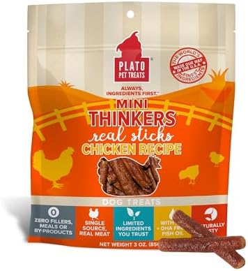 PLATO Mini Thinkers Sticks - Natural Dog Treats - Real Meat - Air Dried - Made in the USA, Chicken Flavor, 3 ounces
