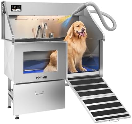 POLIMO Dog Wash Station with Pet Dryer & LED, Professional Dog Bathing Station for Large, Medium & Small Dogs – with Window, Ramp, Drawer, Floor Grate, LED Display & Faucet (Right Ramp & Dryer, 50")