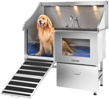 POLIMO Dog Washing Station, LED Professional Stainless Steel Dog Bathing Station 50", Dog Grooming Tub for Large, Medium & Small Dog - with Window, Ramp, Drawer, Floor Grate & Faucet (Left Ramp, 50")