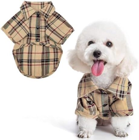 PUPTECK Plaid Dog Shirt, Cute Puppy Cat Polo T-Shirt, Soft Pet Clothes Outfit for Small Medium Dogs, Costume M