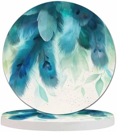 Peacock Feather Print Coaster for Drinks Individual Elegance Birds Wings Beautiful Cyan Decor Soft Floating Feather Presents for Housewarming Birthday and Family 100% Diatomite 4''X 4'',2 Pack