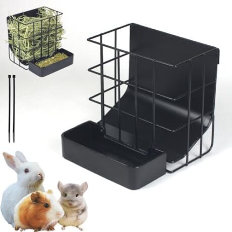 Rabbit Hay Feeder Guinea Pig Hay Feeder with Hook Heavy-Duty Metal Frame Upgrades Hay Rack，Reduce Waste Hay Holder,for Bunny,Rabbit,Chinchilla,Guinea Pig Cage Accessories-6.8x6.7x6.6inch（Black）