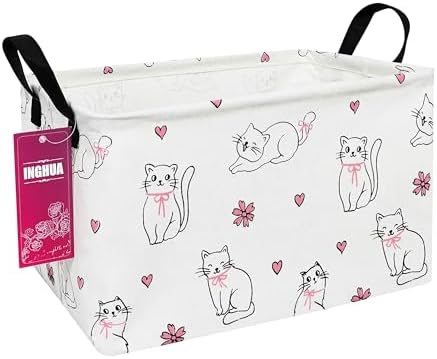 Rectangular Storage Basket Fabric Organizer Bin for Toys,Books,Clothes,Gifts,Pets-Perfect for Home,Office,Nursery,Dorm,Shelf(Rec-Love cat )