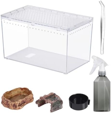 Reptile PC Terrarium 10.2" x 5.9" x 5.7" Full View Reptile Aquarium Tank Starter Kit for Insect Plant Gecko Spider Habitat Amphibians Enclosure with Hide Cave Feeding Bowl