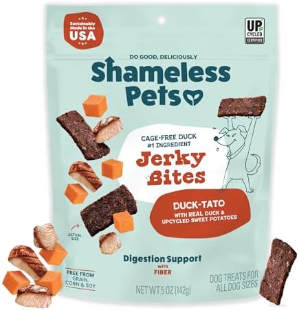 Shameless Pets Jerky Bites Treats, Duck-Tato - Healthy Dog Chews for Digestion Support with Fiber - Dog Treats with Real Cage-Free Duck - Free from Grain, Corn & Soy - 1-Pack