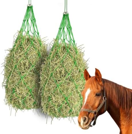 Slow Feed Hay Net for Horses 2 pcs 40" Long and 4.0"x 4.0" Holed Hay Net for Horses Holes | Horse & Goat Feed Bag with Metal Hook and Easy Closure