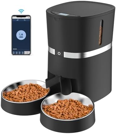 Smart Cat Feeder, WellToBe Automatic Cat Feeder WiFi Enable Pet Dog Food Dispenser App Control for Cat&Dog with Two-Way Splitter and Two Bowls, Voice Recorder Distribution Alarms, Portion Control