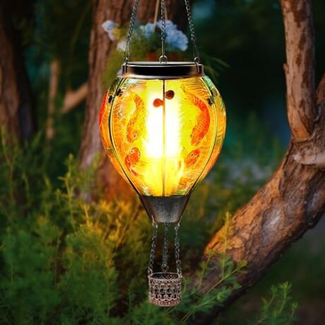 Solar Hot Air Balloon Lantern with Flame Koi Fish Glass Hot Air Balloon Flickering Flame Hanging Solar Lights Outdoor Christmas Decorations for Garden, Patio, Yard, Pathway