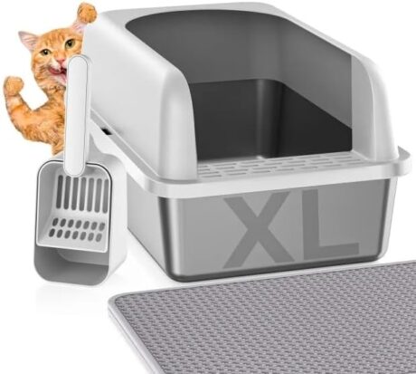 Stainless Steel Litter Box with Lid, Metal Litter Box with Cat Litter Mat,Extra Large Enclosed Cat Litter Boxes for Multiple Cats, Anti-Leakage,Non-Stick, Easy to Clean, Included Mat, Scoop