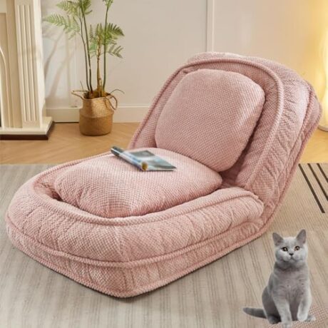 Upholstered Human Dog Bed for Adult & Pets, Lazy Floor Lounger, Convertible Lazy Sofa Bed with 5 Adjustable Position, Comfy Tatami Bean Bag Lounge Chair with 2 Soft Pillows (Pink)