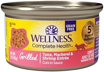 Wellness Complete Health Grilled, Adult Wet Cat Food, Natural, Protein-Rich, Grain-Free, Canned, 3 Ounce, 12 Pack, (Tuna, Mackerel & Shrimp Entrée Recipe)