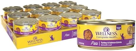 Wellness Complete Health Pate Adult Wet Cat Food, Natural, Protein-Rich, Grain Free, 5.5 Ounce, 24 Pack, (Turkey & Salmon)