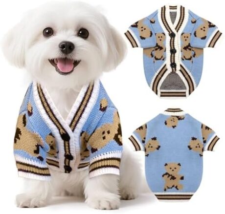 XGDMEIL Small Dog Sweaters Cute Bear Knitted Dog Cardigans Clothes for Small Medium Dogs Soft Pet Puppy Cat Knitting Outfits Fall Winter Warm Boy Girl Dogs Knitwear Coat Apparel（Blue,X-Small）
