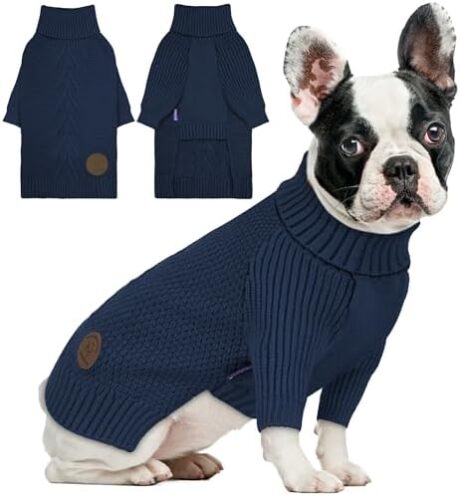 cyeollo Warm Small Dog Sweater, Knit Cold Weather Doggy Sweaters for Small Dogs Boy Pullover Winter Dog Clothes with Turtleneck for Indoor & Outdoor Wear, Navy M