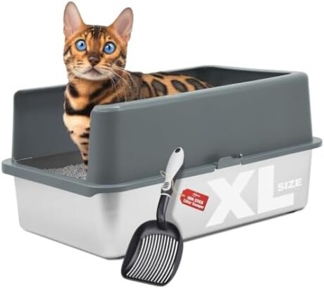 iPrimio XL Stainless Steel Litter Box for Cats with Enclosure and 1 Scooper - Easy to Clean, High-Sided Litter Box for Extra Litter Scatter Protection - XL Size for Big Cats - 23.5"x15.5"x6"