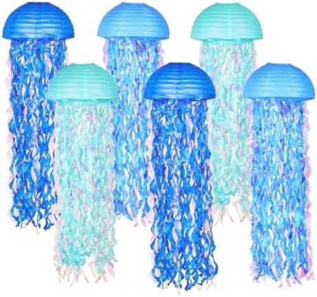 10" Blue Hanging Jellyfish Paper Lanterns - Under the Sea Party & Mermaid Birthday Decorations, Baby Shower, Nautical Events, Ocean Theme Classroom & Beach Room Decor (Set of 6)