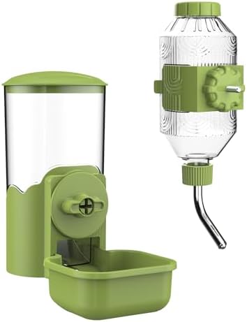 Automatic Pet Food Water Dispenser, Auto Gravity Pet Feeder Water Bottle Set for Cage, Feeding Station for Puppy Kitten Rabbit Guinea Pigs Chinchilla Ferret Hedgehog (Green)