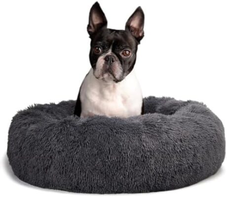 Calming Donut Dogs Beds for Medium Dogs up to 45 lb,30inch Anti-Slip Plush Round Dog Bed with Raised Rim,Fluffy Faux Fur Pet Bed for Cozy Sleep,Dark Grey