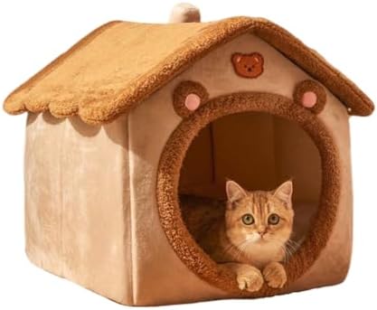 Cat Bed for Indoor Cats,Cozy Cat Cave Bed Cat House Cat Tent with Removable Cushion Pillow,Soft Warm Pet House Puppy Bed,Cute Bear Pet Nest for Cat Kitten Small Dogs (Brown, L-20.5x16.9x19.7 Inches)